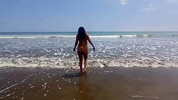 sex on the beach with perverted old man, teen brunette deepthroats and gets wet pussy licked