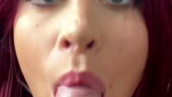 twerks while rimming - petite busty redhead deepthroat blowjob pov facial cumshot