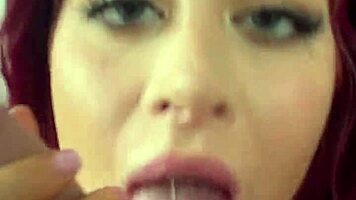 twerks while rimming - petite busty redhead deepthroat blowjob pov facial cumshot