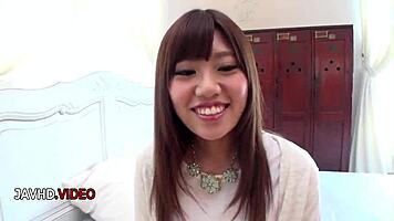 Chisa Hoshino's shaved pussy gets fingered while giving seductive blowjob. 😏