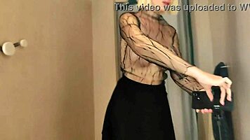 Horny young blonde in fitting room shows big tits and puffy nipples, craving intense fuck.