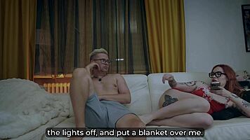 Redhead milf shares couch for massage ending in facial