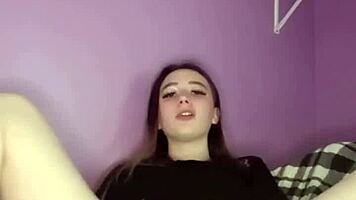 young amateur teen pulls panties, rubs puffy pussy