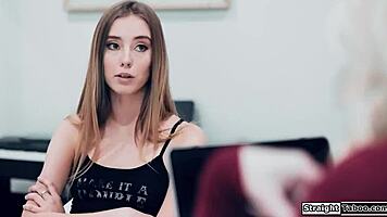 Blonde teen 18+ gets fingered by boss in intriguing taboo lesbian encounter