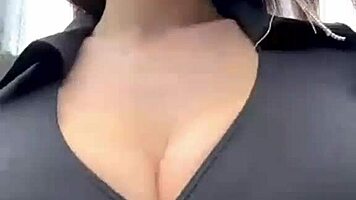 Stepmother with big boobs walks outside