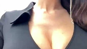 Stepmother with big boobs walks outside