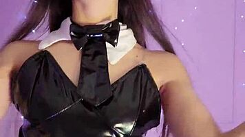 bunny girl relaxes in bath, playing with buttplug and fingers