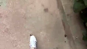Stepmother with big boobs walks outside