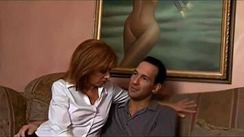 Redhead milf encourages young man to fuck her hairy pussy harder