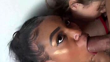 Two hot chicks, Coral and Latina babe Mayami Rodriguez, back for throat fuck and sloppy deepthroat with friend 😏