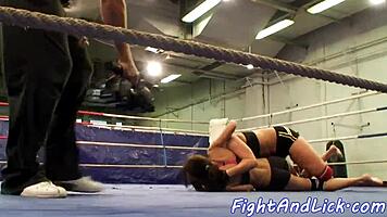 Busty European babes engage in naked wrestling match with fingering and licking 😍