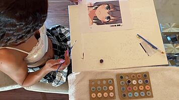 Hot brunette with curly hair flashes tight pussy and ass while stroking big cock