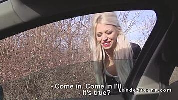 Red-Lipped Blonde Sucks in Car