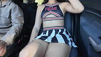 cute teen cheerleader gets finger fucked by mature man in car ride