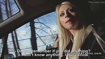 Red-Lipped Blonde Sucks in Car