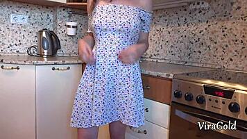 Spontaneous encounter in the kitchen involving rimming and breast play