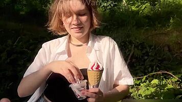 Fed a young 18+ nympho ice cream and dick in public outdoor fun