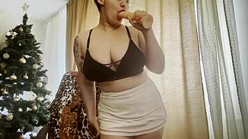 Dildo between big natural boobs for sexy blonde