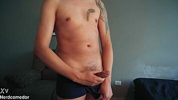 Nerd Dotado Strips Underwear And Jerks Off Hard!