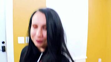 petite brunette sucks juicy cock and swallows!