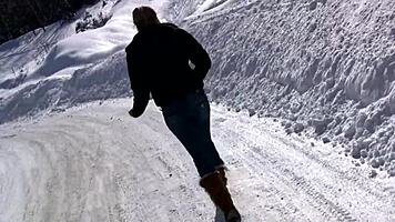 on ski trip blonde cutie strips naked and pees in fresh snow