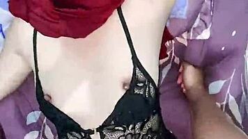 hijab girl wildly horny as vibrator and cock fill her tight hole