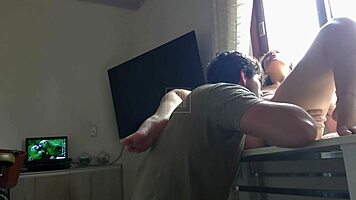 sexy latina babe spreads her juicy ass pussy on table for fetish play