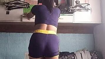petite asian babe's sexy workout in tight shorts