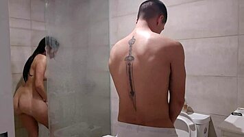 muscular bodybuilder hides towel pretext fucks submissive stepsis bathroom