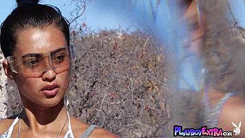 petite katherinne sofia strips tiny silver bikini outdoors 🌴