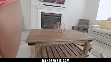 Horny guy feels stepsister's gloved hand stroking his thick throbbing cock