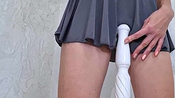 Petite European teen roughly inserts bedpost deeply for extreme orgasm close-up