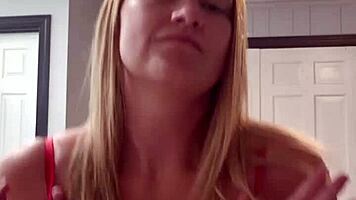 Brunette housewife strips teasing to music in homemade solo show