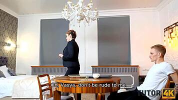 tutor4k short-haired teacher takes dynamic poses in heated session