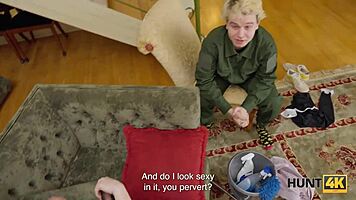 Hunt4k. Cuckold watches flexible babe fucked on sofa by guard