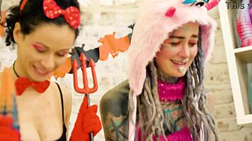 Anuskatzz and Stacy Bloom's Halloween anal toy lesbian licking frenzy