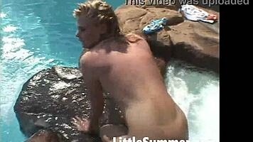 little summer's tiny 18+ tits exposed in bold poolside fingering frenzy