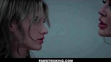 Petite Blonde Braces Teen Joins Busty MILF for Pussy Licking