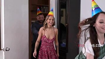 Petite Birthday Babe Takes Intense Oral Group Pounding from Two Studs