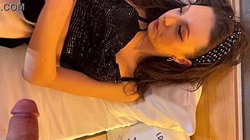 hot skinny brunette spits on cock massages balls gives steamy handjob