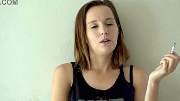 Petite Brunette Teases Smoking with Blue Eyes Voyeur