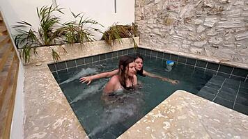 Two horny Colombians finger wet pussies publicly at pool risking exposure