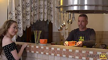 skinny country girl shares intimate moments with older man in rustic house