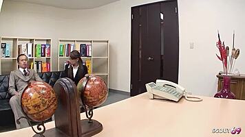 slim japanese office girl glasses gives cfnm blowjob after boss clit orgasm