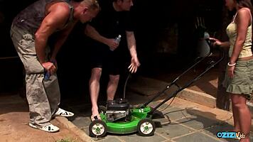 two gardeners spitroast sexy asian teen with double penetration and facials