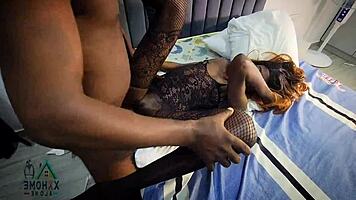 Slim beauty surrenders to tailor's intimate charms completely