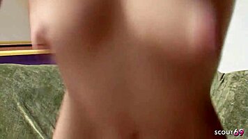 a slim black-haired beauty with blue eyes picked up for raw casting fuck and facial by older guy