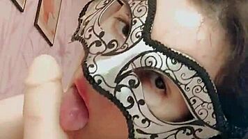 russian brunette in stockings deepthroats dildo dirty talks and fingers wet pussy ass closeup