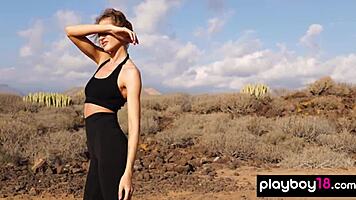 Extra skinny russian brunette poses nude outdoor