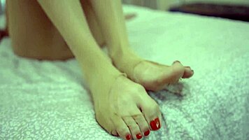 sexy blonde teases feet in nylons craving your hot load